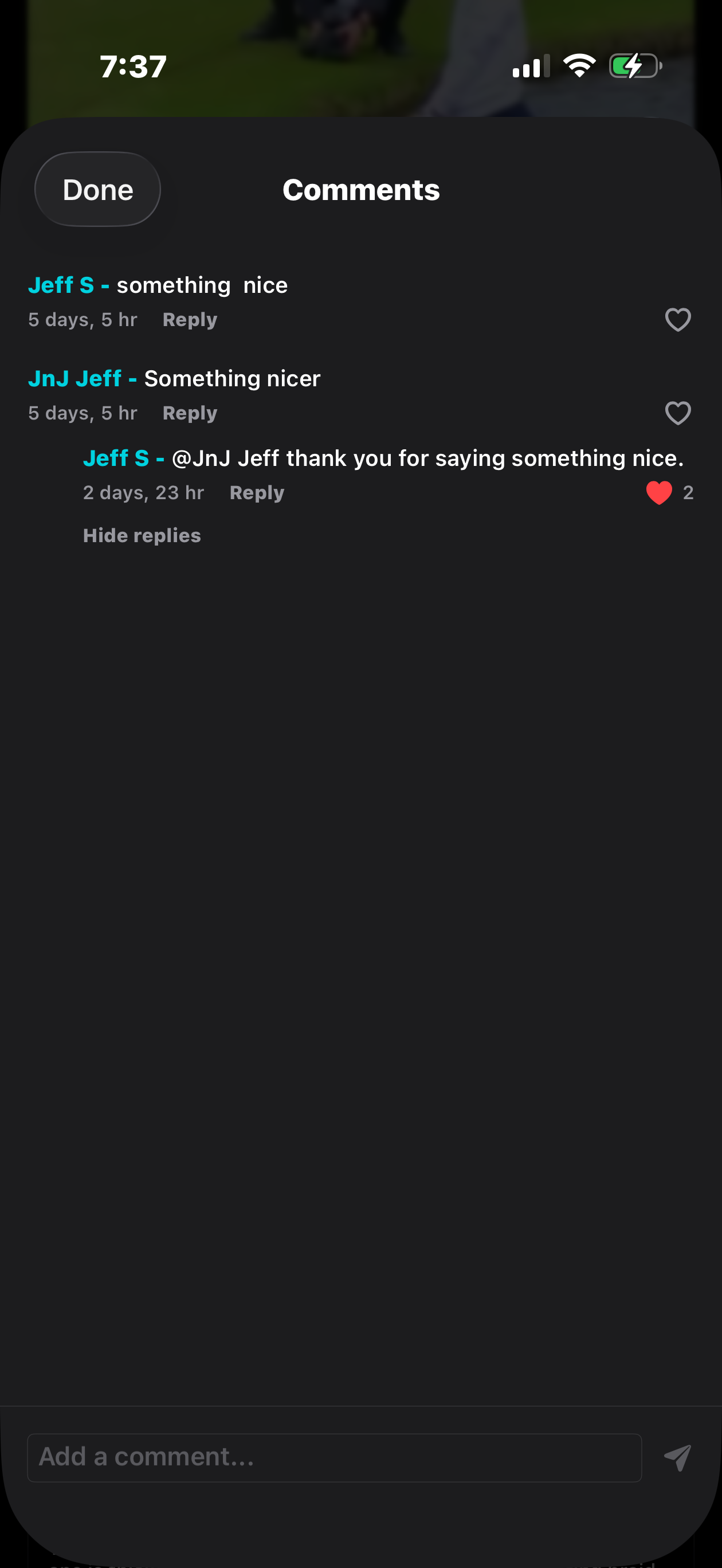 FishReel comments screen showing threaded replies and likes on a comment