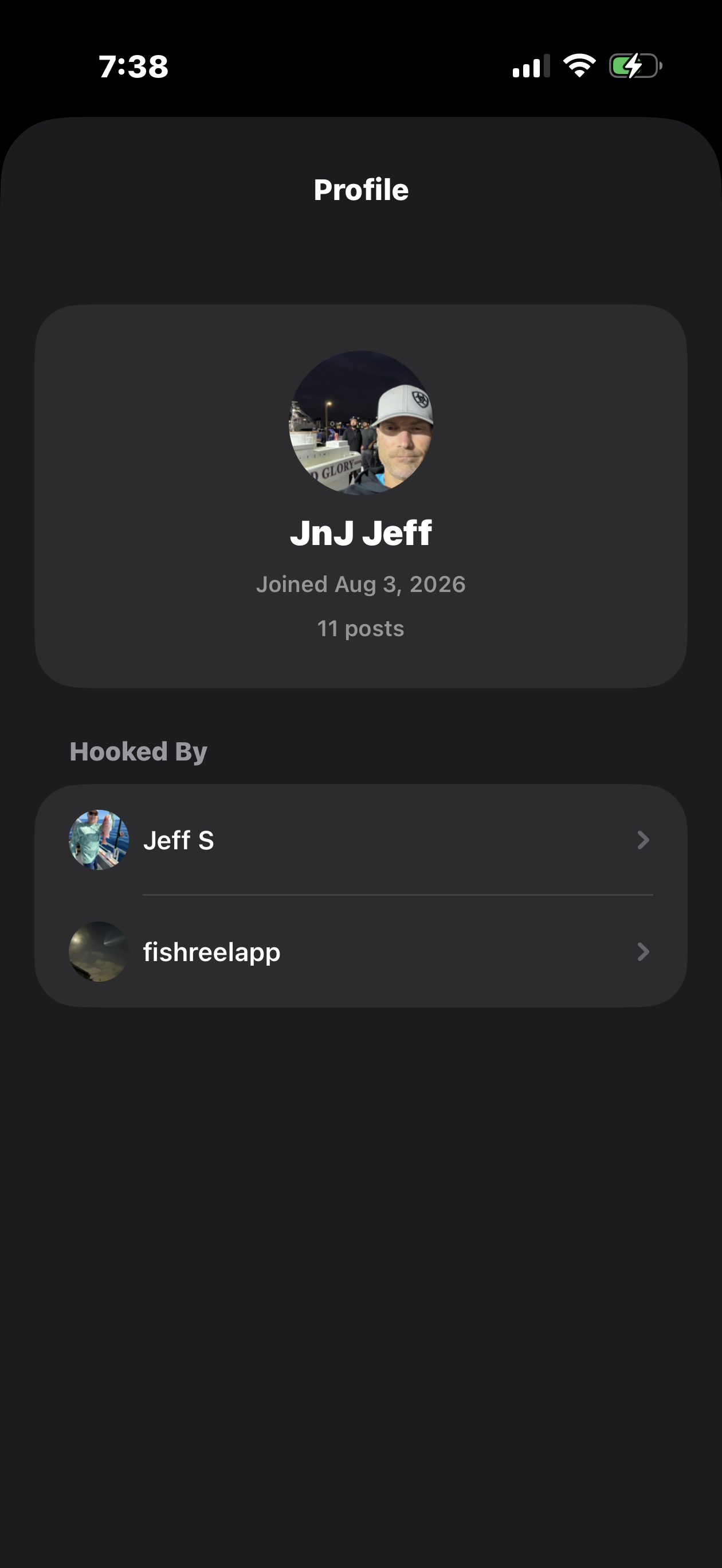 FishReel profile screen showing join date, post count, and who's Hooked By this angler